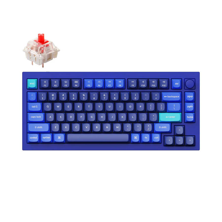 Top-down view of the 75% layout mechanical keyboard with aluminium chassis and rotary encoder knob